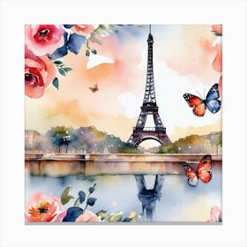 Paris With Roses And Butterflies 1 Canvas Print