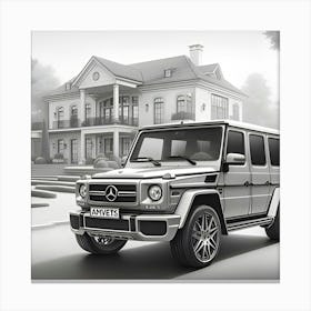 A Pencil Drawing Of Mercedes Benz G Wagon In Front Of A Beautiful Modern Mansion Canvas Print