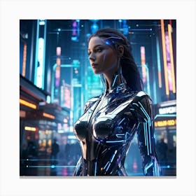 Artificial Intelligence Embodied In A Sleek Futuristic Cybernetic Figure Stands At The Center Of A (4) Canvas Print