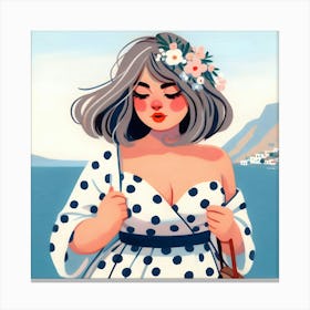 Girl with Flowers, Grey Short Hair and Dress Canvas Print