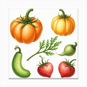 Beautifully Arranged Vegetables And Fruits Illustrated In A Watercolor Setting 1 Canvas Print