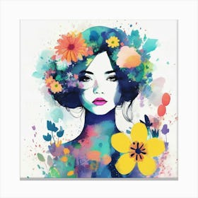 Watercolor Girl With Flowers 2 Canvas Print