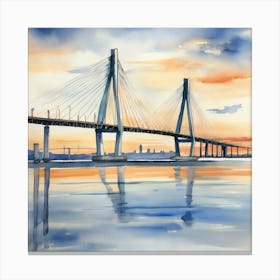 Accurate drawing and description. Sunset over the Arthur Ravenel Jr. Bridge in Charleston. Blue water and sunset reflections on the water. Watercolor.2 Canvas Print