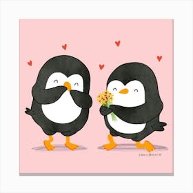 Cute Penguins in love on a date Canvas Print