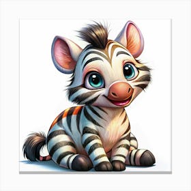 Cute Baby Zebra With Big Blue Eyes Sitting On A White Background Canvas Print