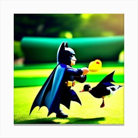 Batman playing with super duck Canvas Print