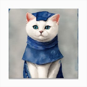 A white cat wearing a blue dress Canvas Print