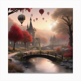 Castle With Hot Air Balloons Landscape Canvas Print