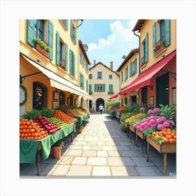 Watercolor French Market With Vibrant Flowers And Fresh Produce Stalls 1 Canvas Print