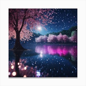 Moonlight and Reflections of Pink Cherry Blossom Canvas Print