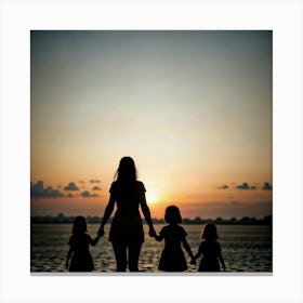 Silhouette Of A Family At Sunset Canvas Print