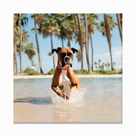 A dog boxer swimming in beach and palm trees 2 Canvas Print