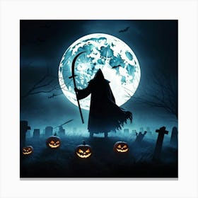 Reaper Silhouette Scythe Raised Against A Backdrop Of A Full Moon On Halloween Night With Wisps O (2) Canvas Print