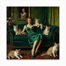 Decadent Young Woman After The Dance With Cats Green Canvas Print