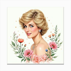 Princess Diana In Watercolor Surrounded By Gentle Summer Blooms 1 Canvas Print