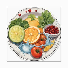 A Plate Of Food And Vegetables Sticker Top Splashing Water View Food 8 Canvas Print