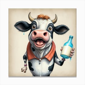 Cartoon Cow Holding A Bottle Of Milk Canvas Print