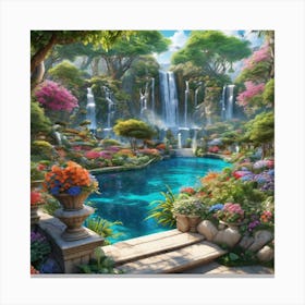 Beautiful Waterfall Garden Eden Garden In Dreams Water Fall mountain Blue Sky Beautiful Building Ultra Hd Canvas Print