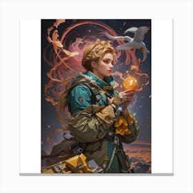 (4)The image depicts a young woman with long blonde hair, wearing a green and brown outfit, holding a glowing orb in her hands. She is standing in front of a celestial background with a crescent moon and stars, and a seagull is flying in the sky above her. Canvas Print
