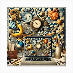 A Digital Art Scene Featuring Unconventional Items And Patterns Co Existing In An Impossible World  Canvas Print