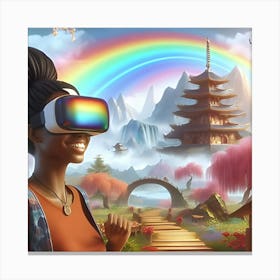 A Happy Woman Wearing A Vr Headset In A Shangri La With A Rainbow, Digital Art Canvas Print