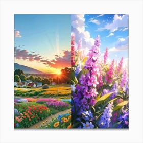 Sunset In A Flower Field Canvas Print