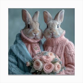Two Rabbits Holding Bouquets Canvas Print