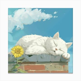White Cat Sleeping On A Brick Wall Canvas Print