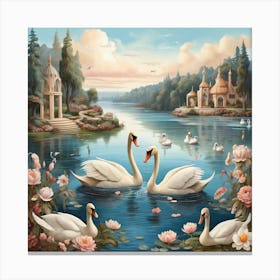 Lake and Swans in Boho Style 2 Canvas Print