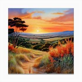 Watercolor Tuscany Tropical sceen Vibrant Colours Sunset Pale Blue Sky Shades Of Terracotta Canvas Print