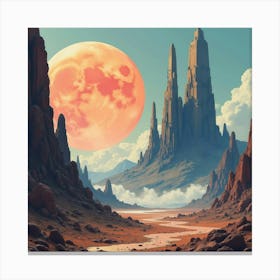 Space Colony On A Distant Planet, Watercolor Textures Of Alien Landscapes Canvas Print