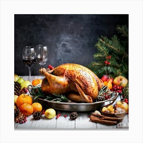 Vintage Style Watercolor Of A Roasted Turkey On A Silver Platter Surrounded By An Array Of Autumnal Canvas Print