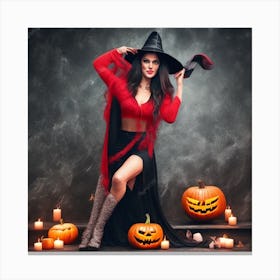 Beautiful Witch With Pumpkins Canvas Print
