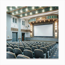 An empty movie theater with rows of seats facing a blank screen. Canvas Print