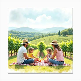 Watercolor Scene Of An Italian Family Enjoying A Day At A Sunny Vineyard Canvas Print