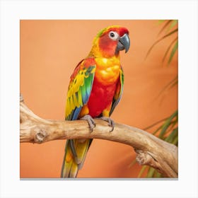 A Colorful Parrot Perched On A Branch In A Tropica Canvas Print