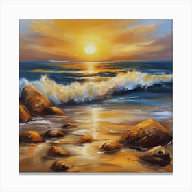 The sea. Beach waves. Beach sand and rocks. Sunset over the sea. Oil on canvas artwork.35 Canvas Print