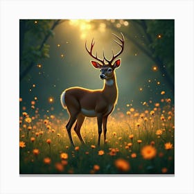 A Graceful Deer Standing In A Meadow Of Glowing Flowers, With Fireflies Dancing Around Canvas Print