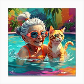 Grandma And Her Pet Cat In Swimming Pool 1 Canvas Print