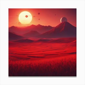 A Beautiful Sunset With A Big Red Mars Setting On The Horizon, The Sun Shines Through The Tops Of Ri Canvas Print