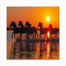 Horses gallop on the beach. Horses Running At Sunset. Canvas Print
