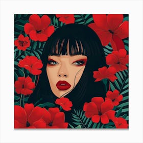 Asian Girl With Red Flowers 1 Canvas Print