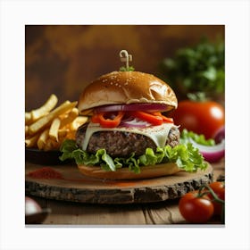 Hamburger On A Wooden Table Canvas Print