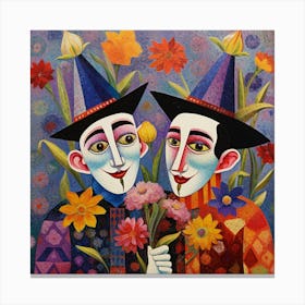Two Clowns With Flowers Canvas Print