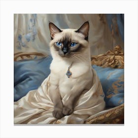 A Siamese cat gracefully seated on a cushion, optimistic painting Canvas Print