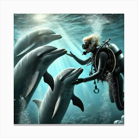 Scuba Diver With Dolphins Canvas Print