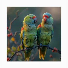 Two Parrots Perched On A Branch Canvas Print