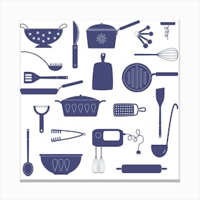 Blue and White Kitchen Utensils Canvas Print