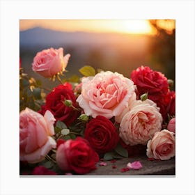 Bouquet Of Mixed Red And Pink Roses Peonies Delicately Woven Into Vines Soft Focus With Scattered (5) Canvas Print