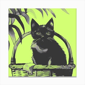 Black Kitty Cat In A Basket Green 1 Canvas Print
